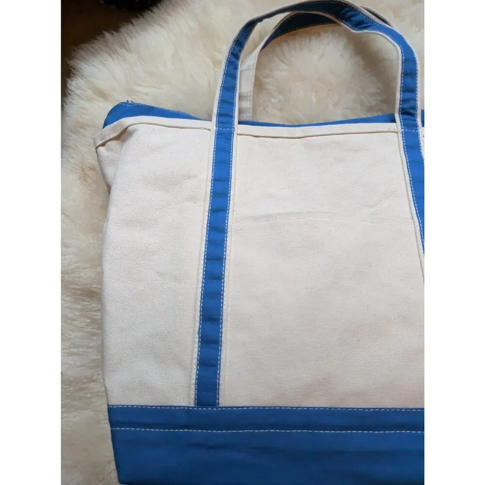 ShoreBags Large Zip Top Canvas Boat Tote Bag Blue White Nautical Beach Travel